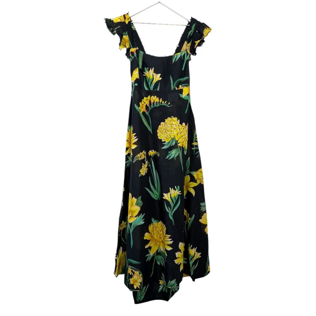 Farm Rio Alice Flowers Black Maxi Dress Yellow Floral Flutter Sleeve Size S - Image 6