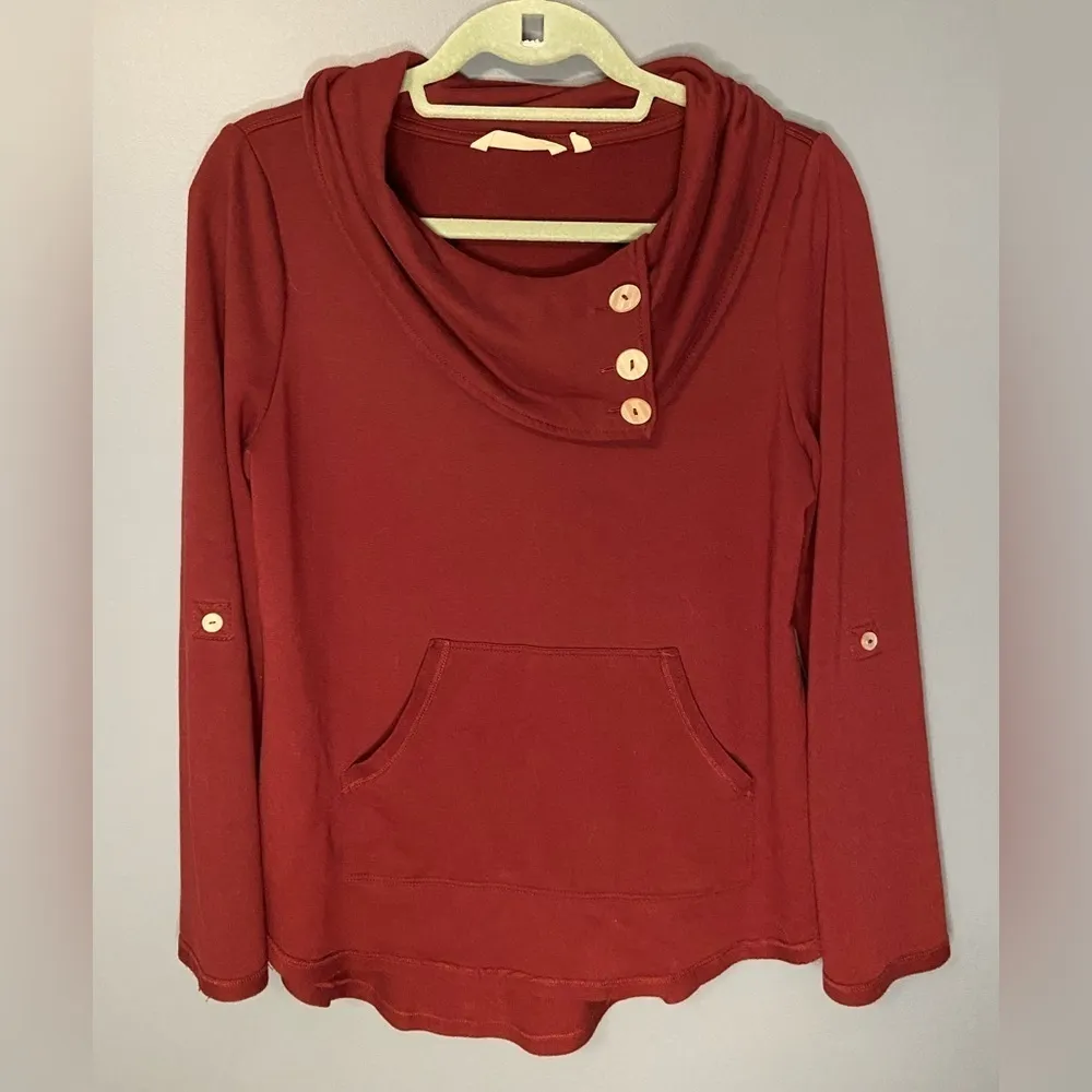 Soft Surroundings Burgundy Button Cowl Neck Sweatshirt Size Small Petite - Image 2