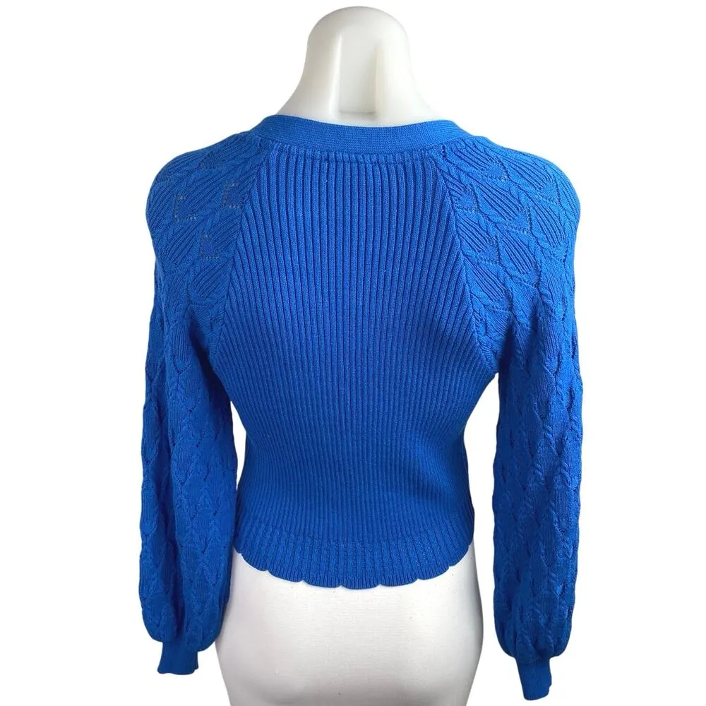 Current Air Blue Rib Cable Knit Long Sleeve Button Up Cardigan Sweater Top XS - Image 2