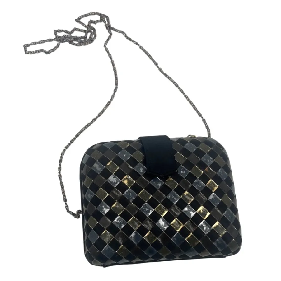Vtg 90 La Regale Woven Metallic Box Clutch Purse Glam Holiday Art Deco Retro Y2K Black - Image 12