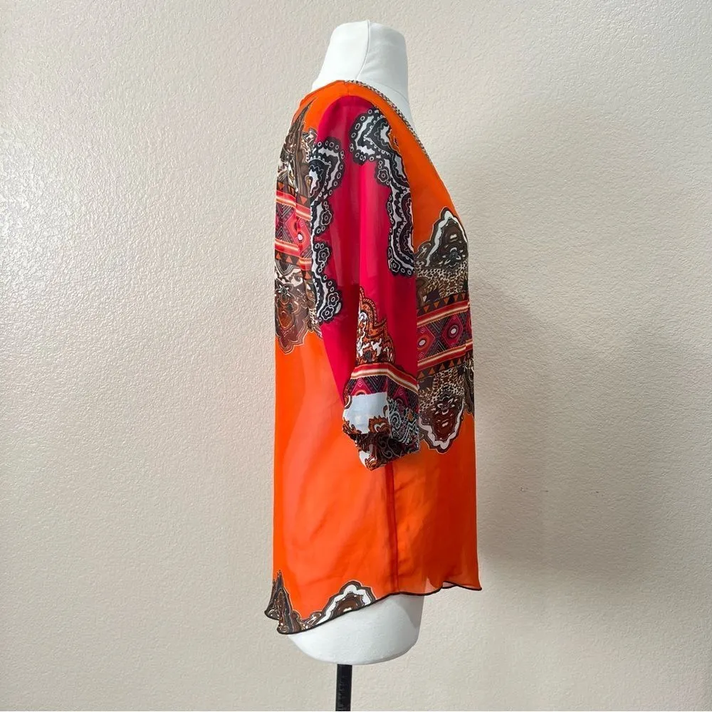 Joseph Ribkoff Colorful Sheer Blouse with Multicolored Rhinestones Size 6 - Image 3