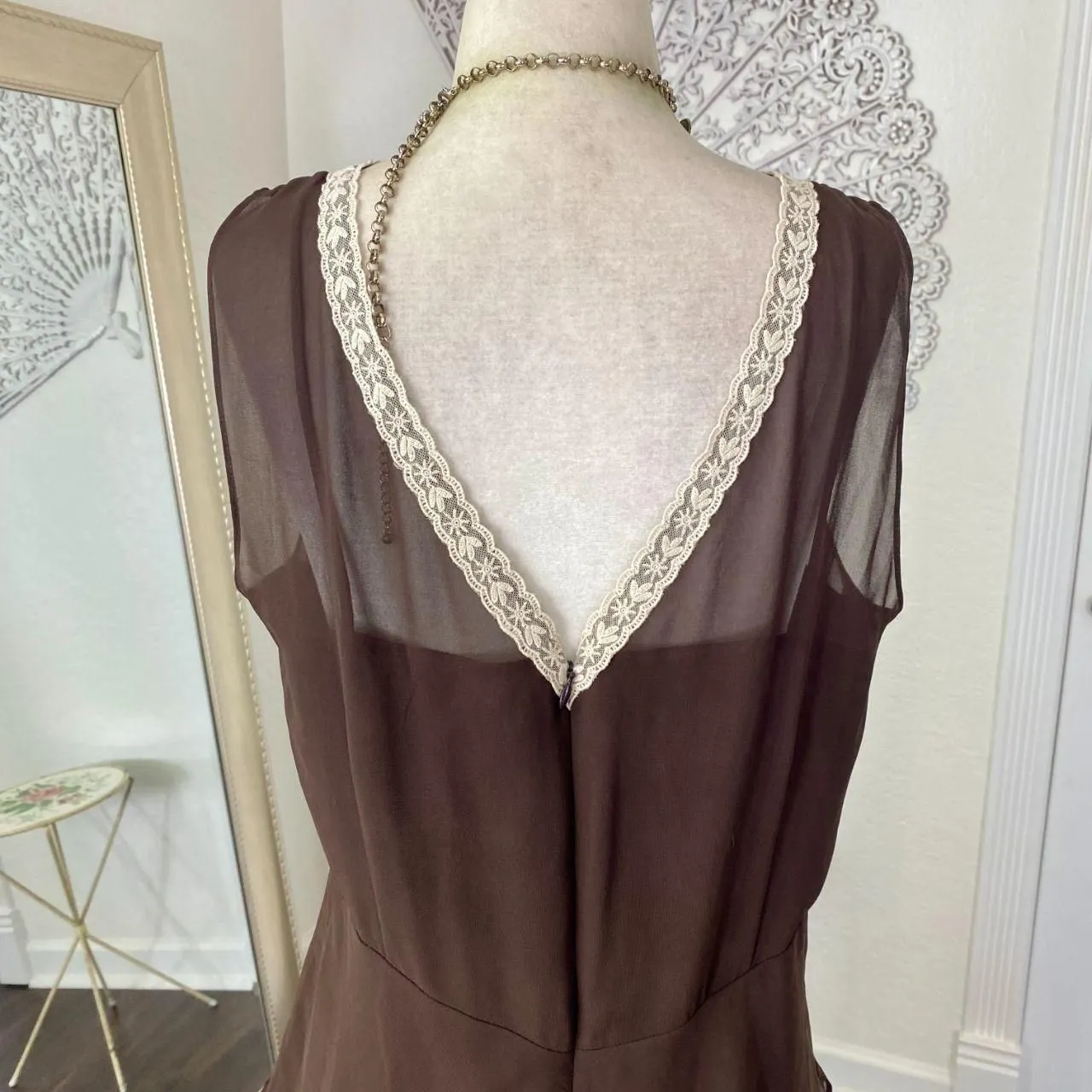 Liz Claiborne Early 2000's Fairy Layered Brown Mesh White Lace Trim Midi Dress L - Image 3