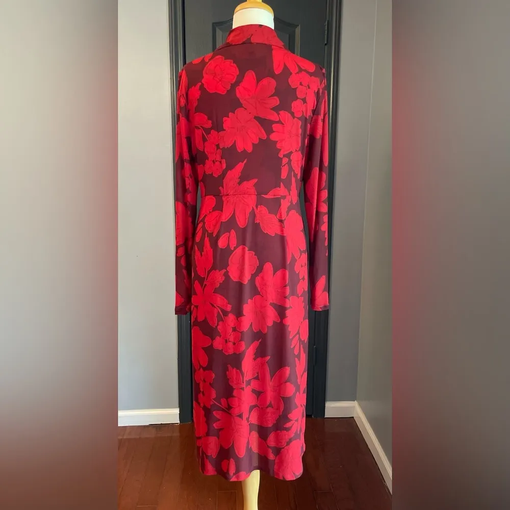 CAbi Red & Burgundy Cocktail Sheer Floral Long Sleeve Button Down Maxi Dress - Image 6