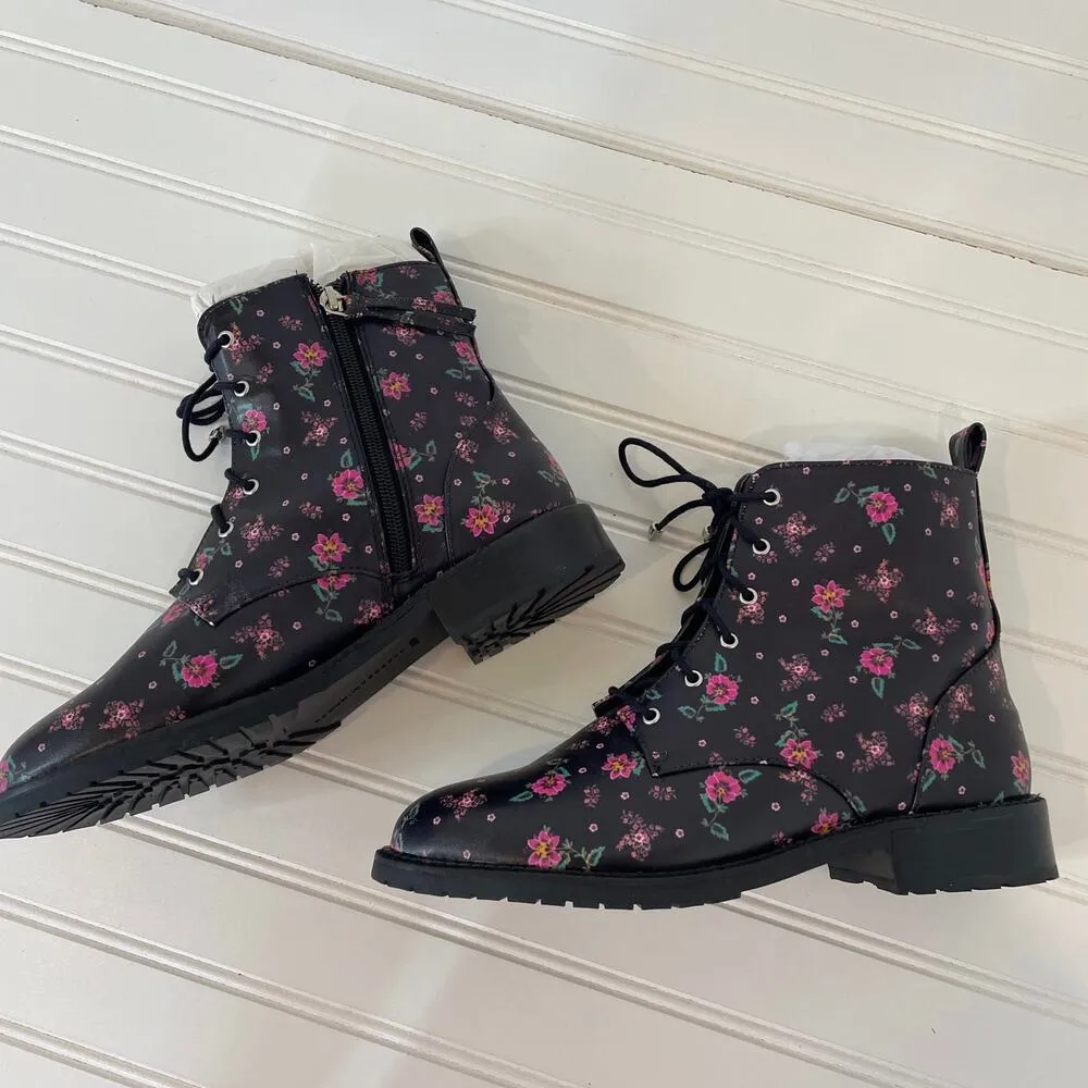 NWT Rebecca Minkoff Black & Pink Ditsy Floral Nappa Gerry Combat Boots Size 9.5 - Image 3