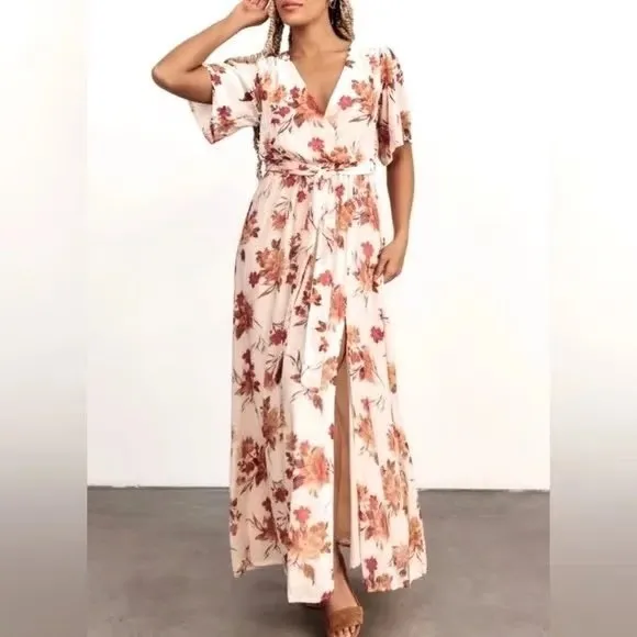 Baltic Born Katherine Maxi Dress XL EUC Cream Rust Floral Flutter Sleeve Fairy - Image 5