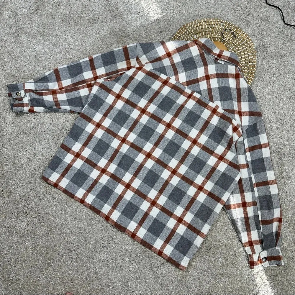 HFX Wool Blend Flannel Plaid Shacket Jacket Western Relaxed Fit Gray/Brown L Gray Size L - Image 11