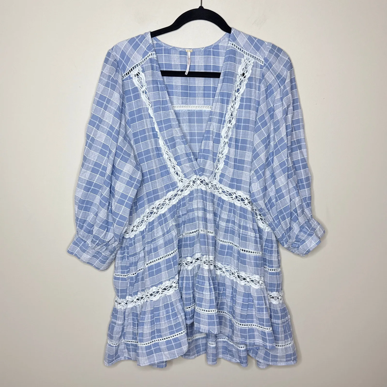 Free People‎ Time Out Top Crochet Plaid Babydoll Tunic Medium Blue White Boho - Image 3