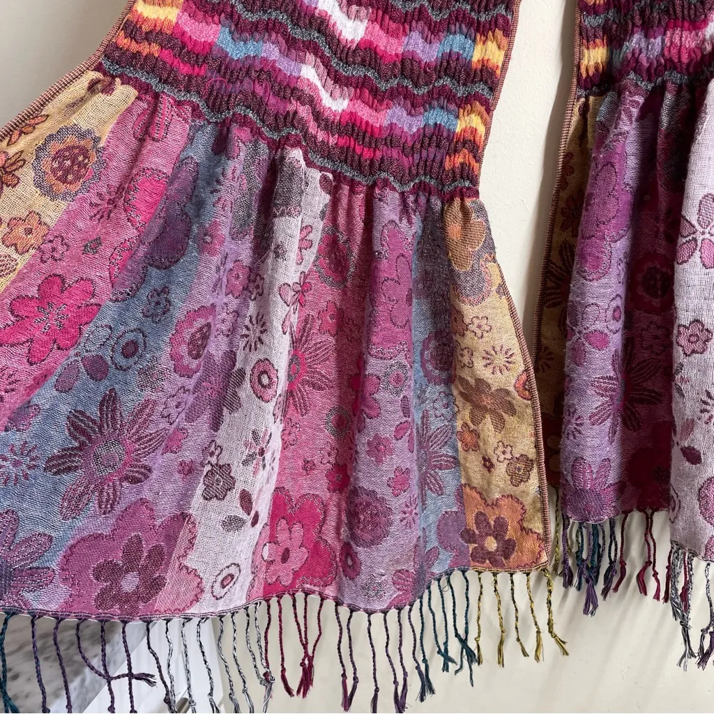 Boho Knit Jacquard Floral Ruffle Scarf Mixed Pattern Fringe Pink Multicolor - Image 5