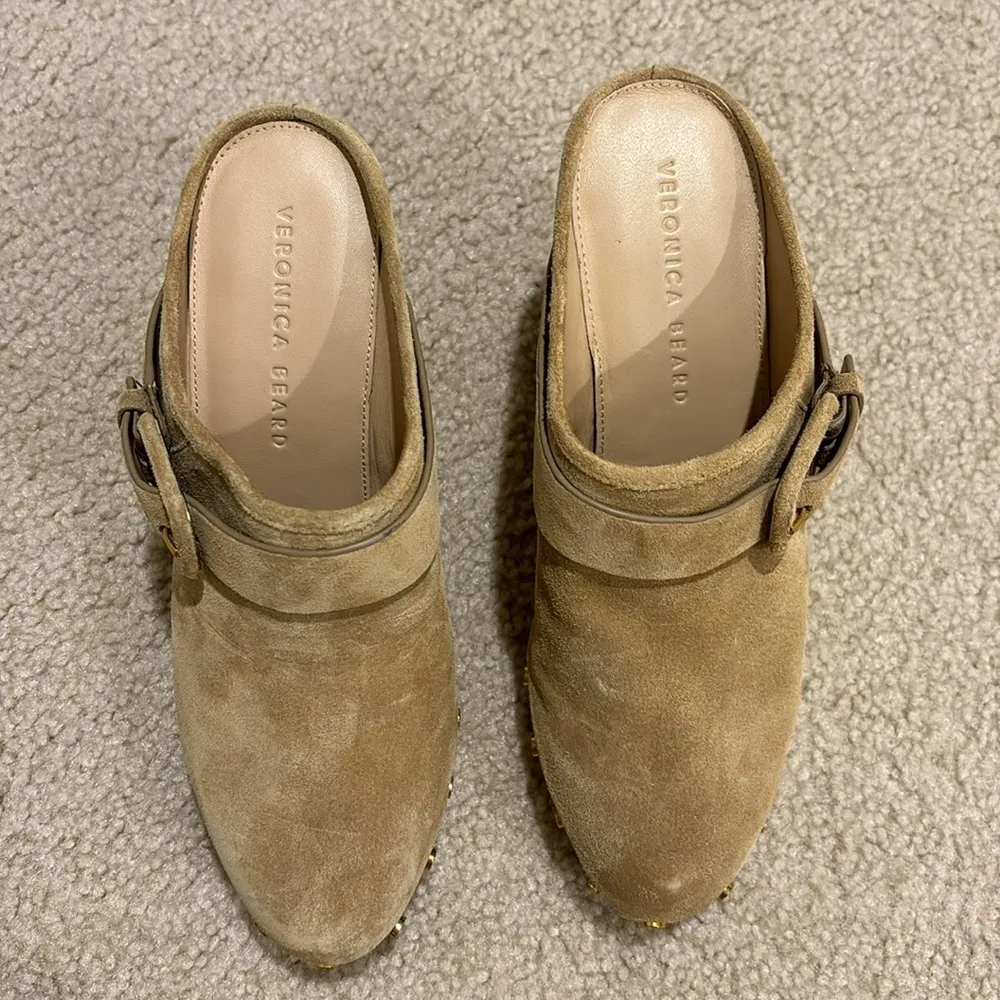 Veronica Beard Tan Suede Dacey Clog Wooden Heels Buckle Stud Women's 8 - Image 5