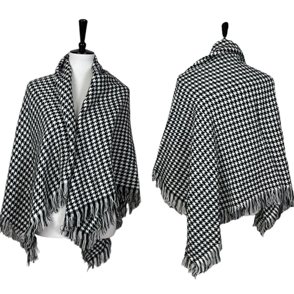 Blanket Scarf Wrap Shawl Square Fringe Houndstooth Black White Women’s One Size - Image 9