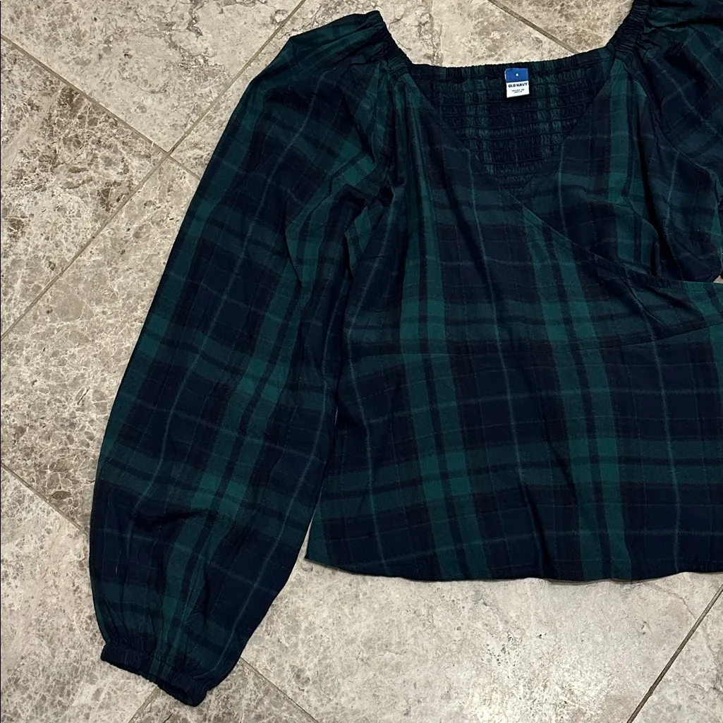 Old Navy Puff Sleeve Plaid Smocked Wrap Blouse NEW Tartan Plaid Size Small - Image 6