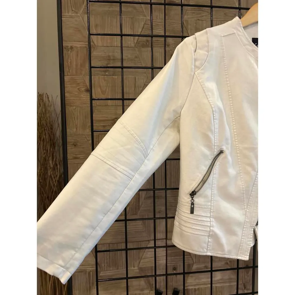 Chouyatou Women Cropped Jacket Medium White Pu Leather Biker Collarless Casual - Image 4