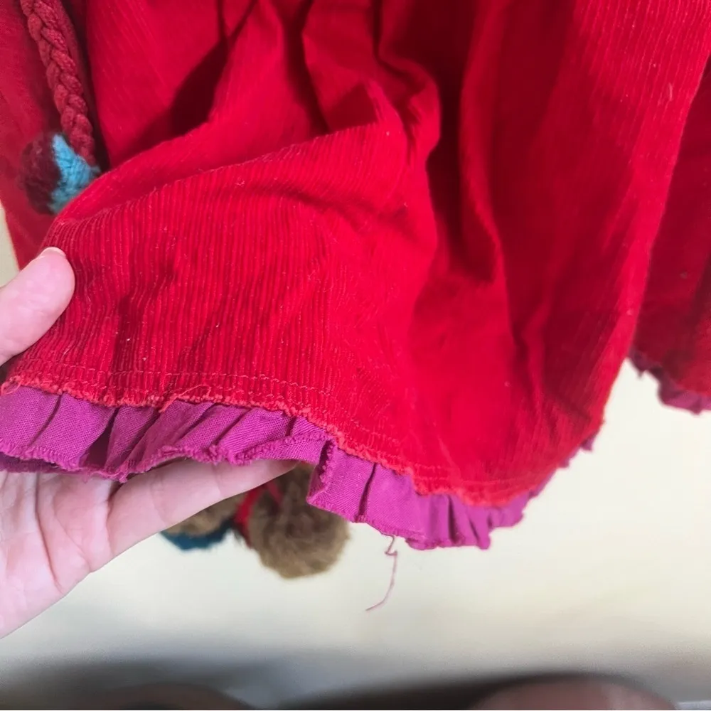 VINTAGE Free People: Red Corduroy Skirt purple tier  and removable Pom-pom belt - Image 4