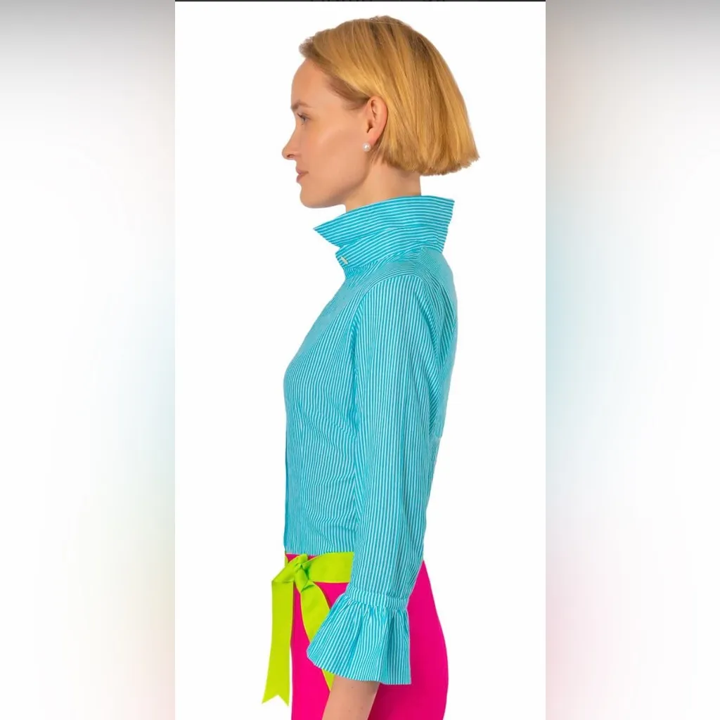 NWT Gretchen Scott Designs Cotton Priss Blouse Stripe Lime Turquoise Striped M Blue Size M - Image 3