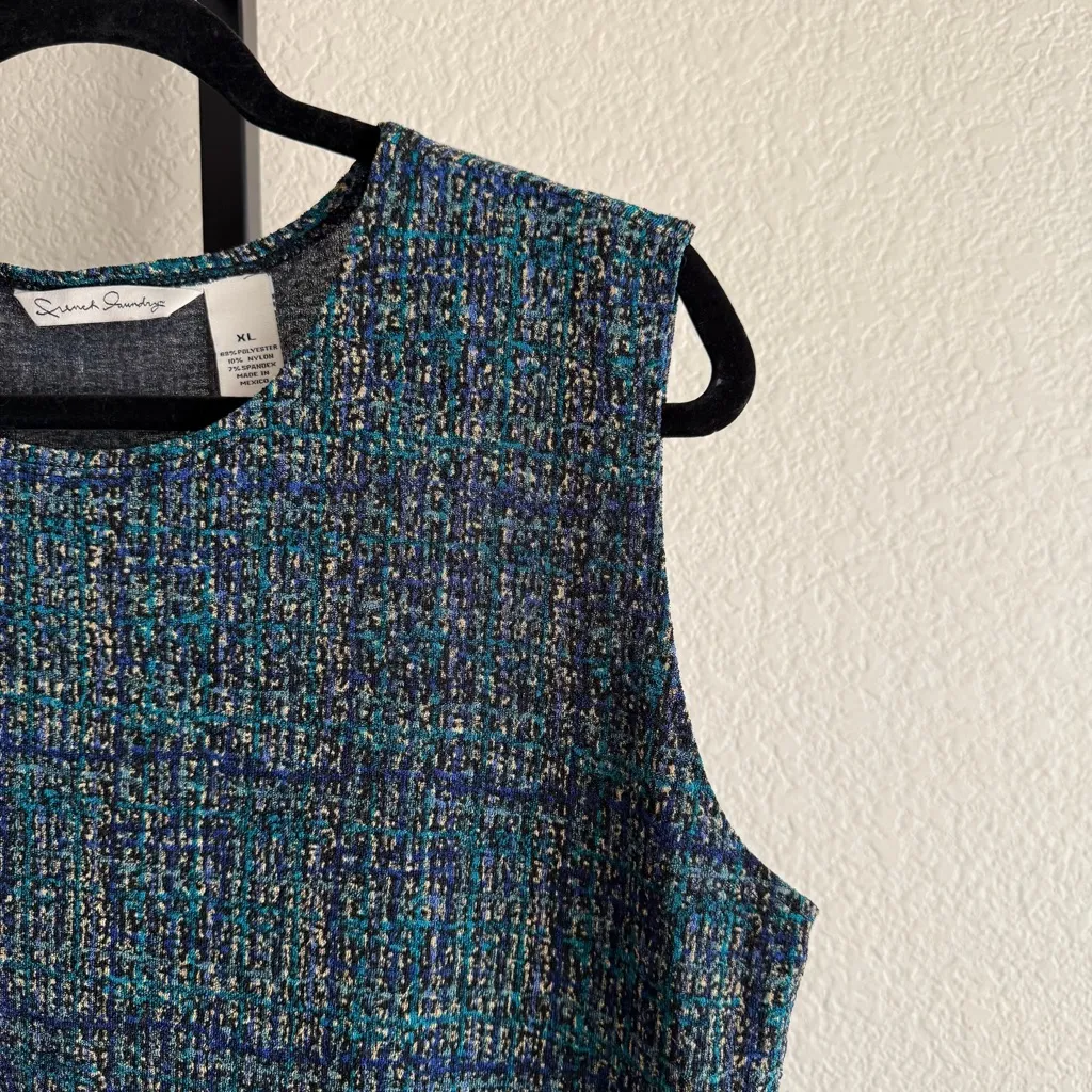 Women’s XL Sleeveless Plaid Textured Blouse Blue Green Black Stretchy Office Top - Image 3