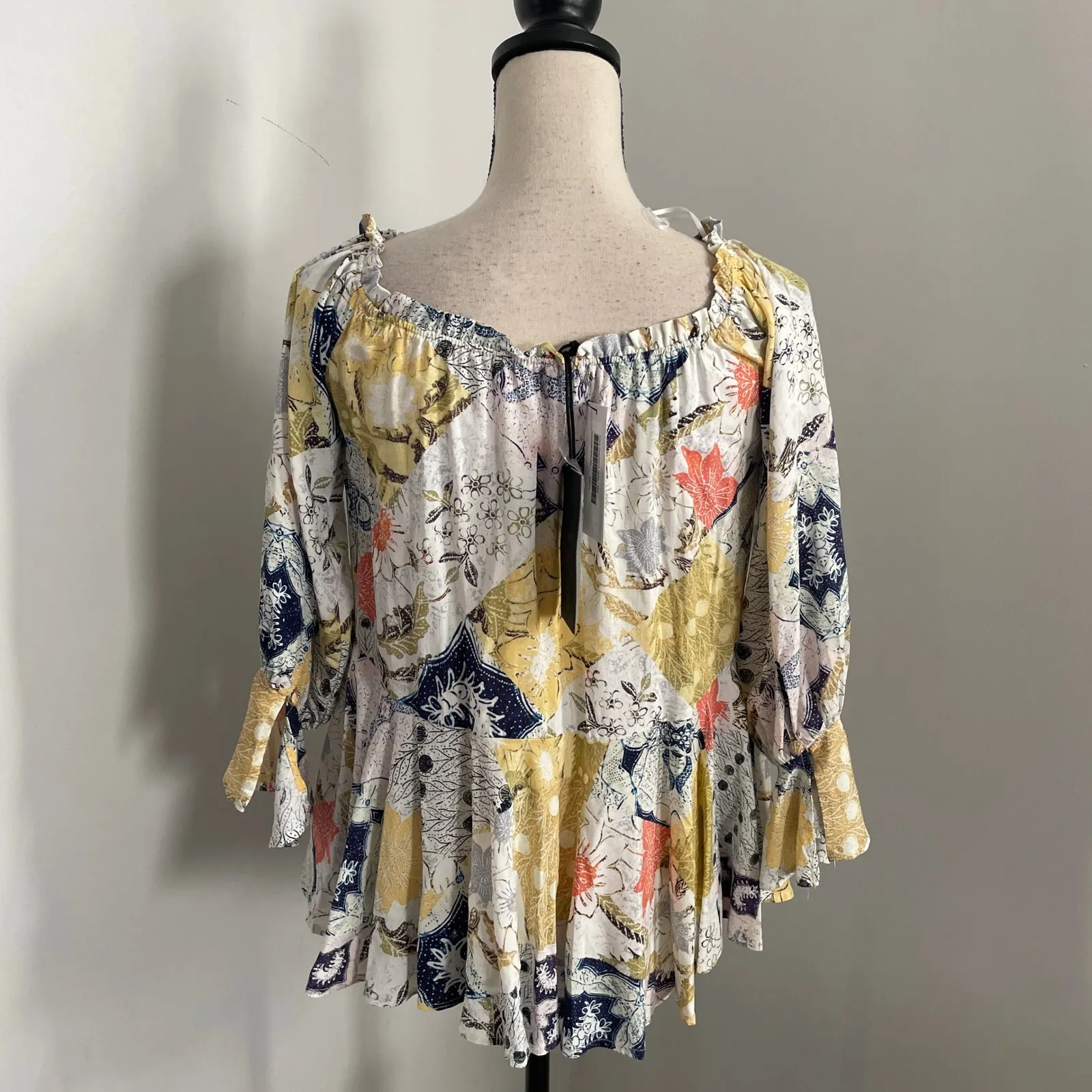Dear John Pleated Boho Blouse Small Patchwork Off Shoulder Peasant Floral Hippie - Image 4