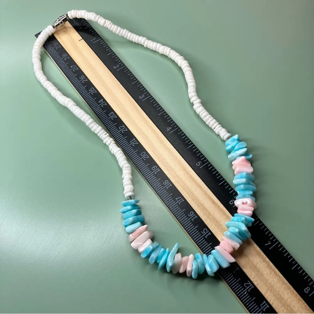 White, Blue, and Pink Beaded Shell Necklace White - Image 5