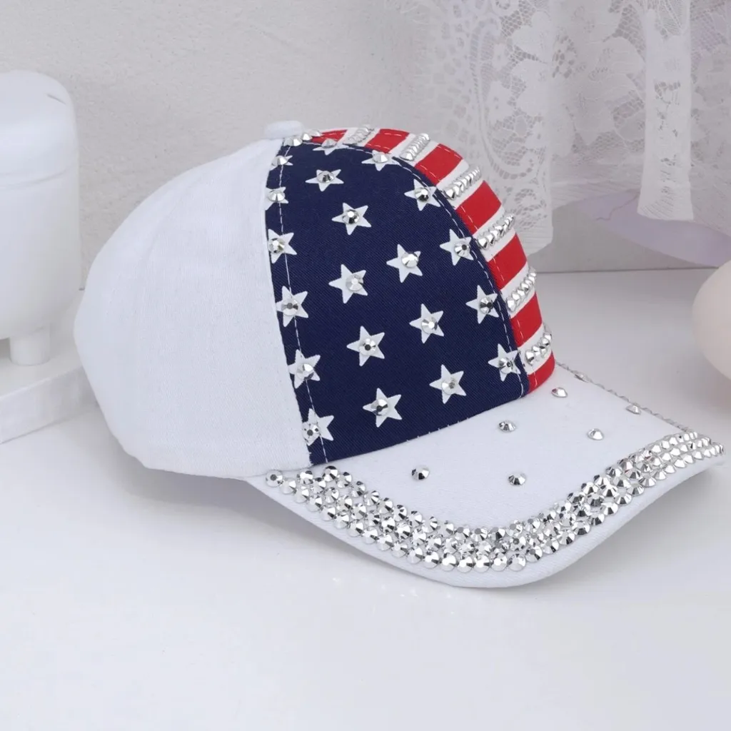 Womens USA Flag Bling Baseball Cap in White - Image 2