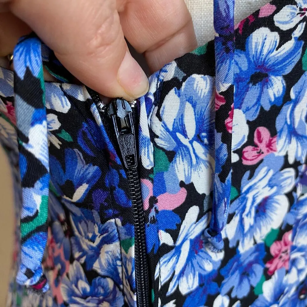 1990s Vintage Another Thyme Vibrant Retro Floral Midi Dress Size 10 Blue - Image 6