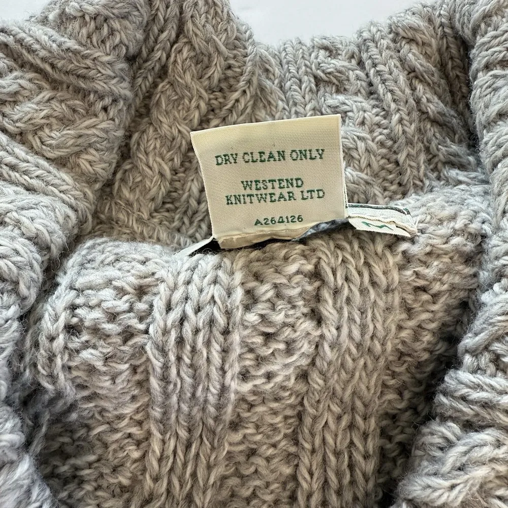 Aran Crafts Gray Wool 3/4 Sleeve Pockets Button Up Cable Cardigan Sweater MEDIUM - Image 14