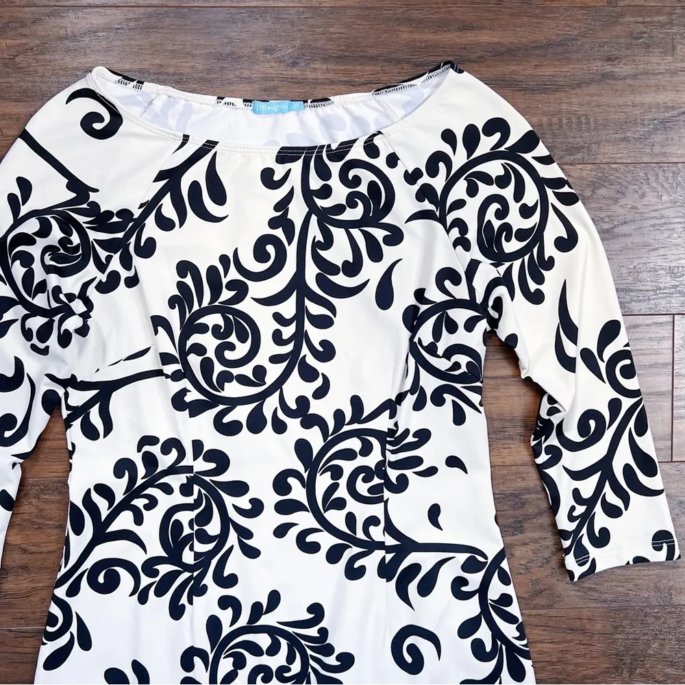 J McLaughlin • Mari Sheath Dress raglan sleeve cream black damask vine print - Image 3