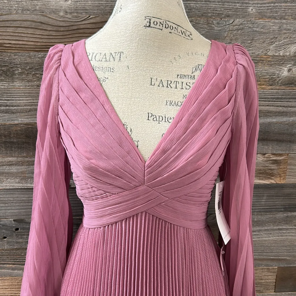 NWT Theia Sample Pleated Midi Dress Long Sleeve Size 4 Pink - Image 2