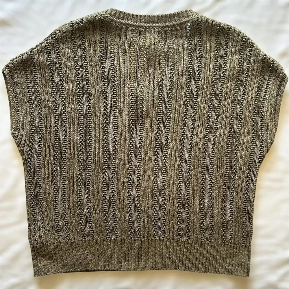 Joie Khaki Olive Green Knit Oversized V Neck Sweater Vest Sz S Preppy Cottage - Image 4