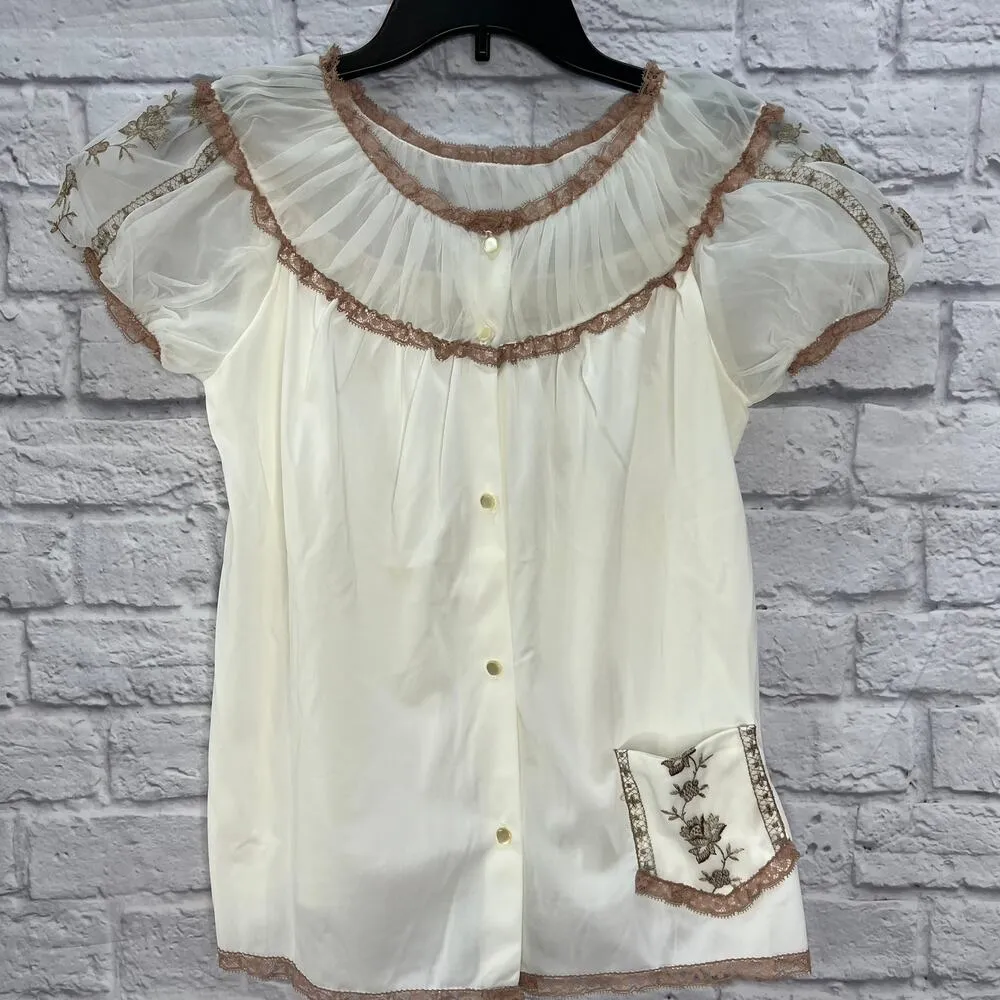 Vintage Rogers 2pc Womens Pajama Set Short Sleeve Pants Size 32 S Ivory Lace White - Image 2