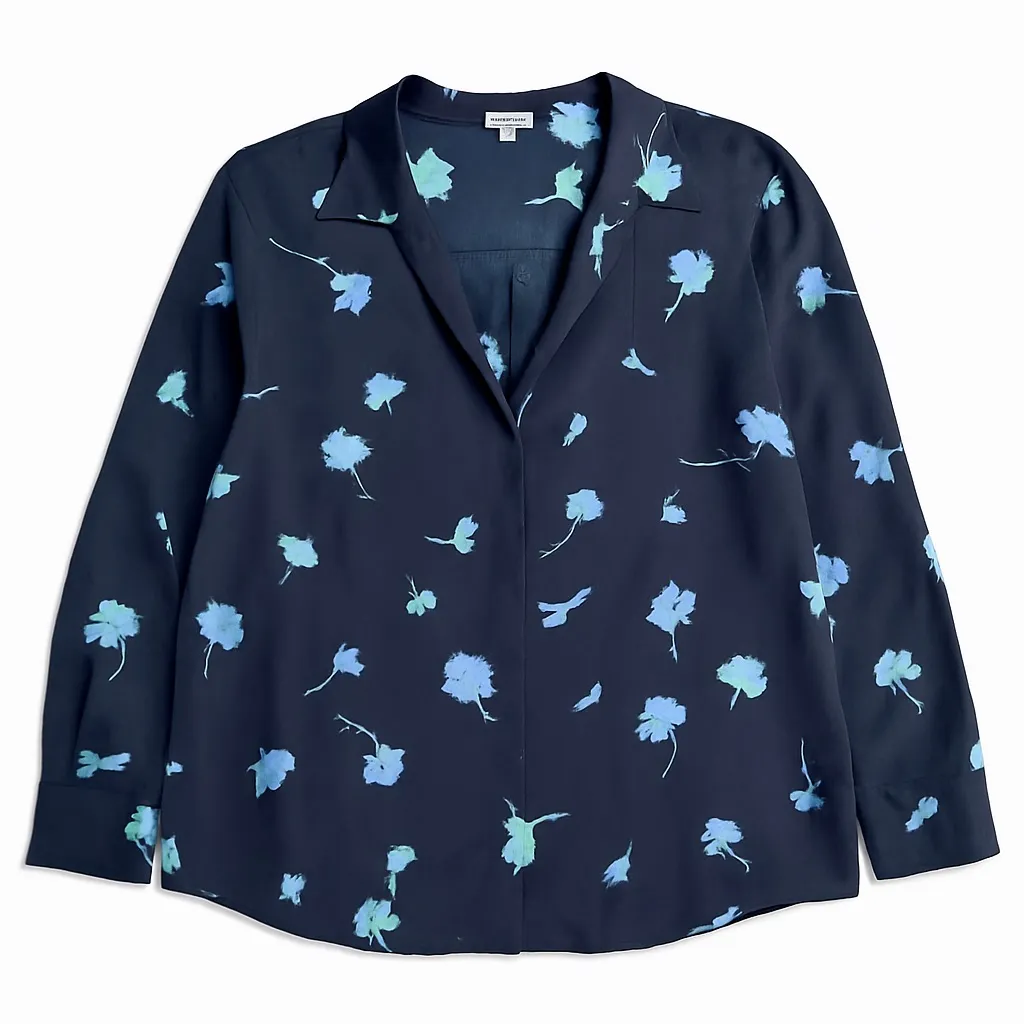 Vince 100% Silk Sea Carnation Floral Blouse 1X XL Navy Blue Floral Designer Top - Image 3