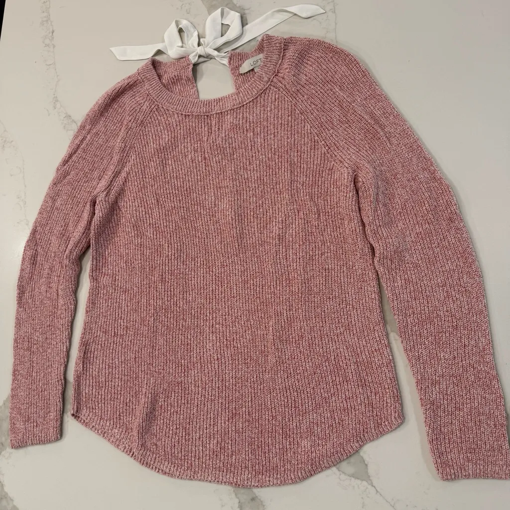 Loft Knit Crewneck Sweater Keyhole Tie-Back Ribbon Bow Detail Womens Large Pink - Image 2