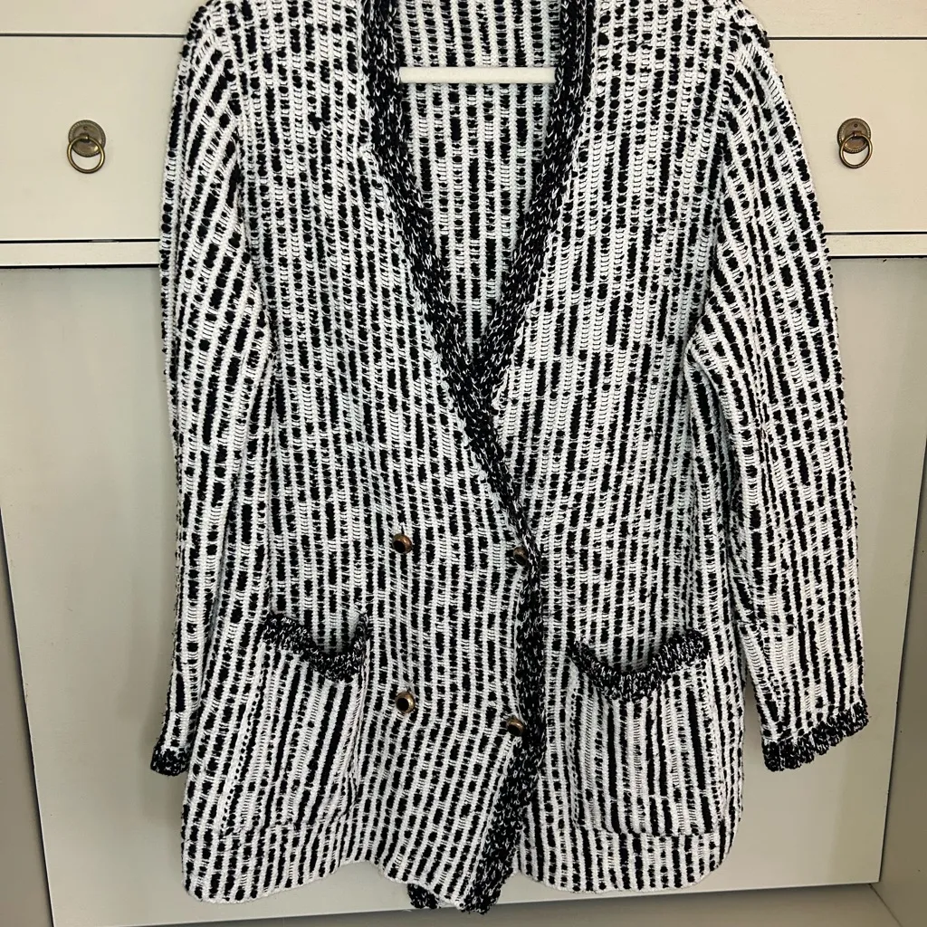 Zara Structured Knit Bloggers Favorite Black and White Blazer Jacket Oversized M - Image 6