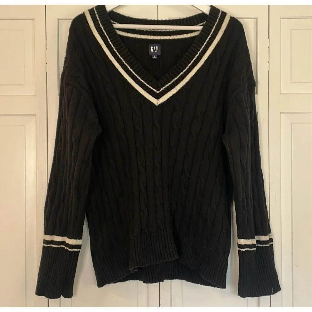 Gap black and white stripe vneck wool blend sweater large - Image 3