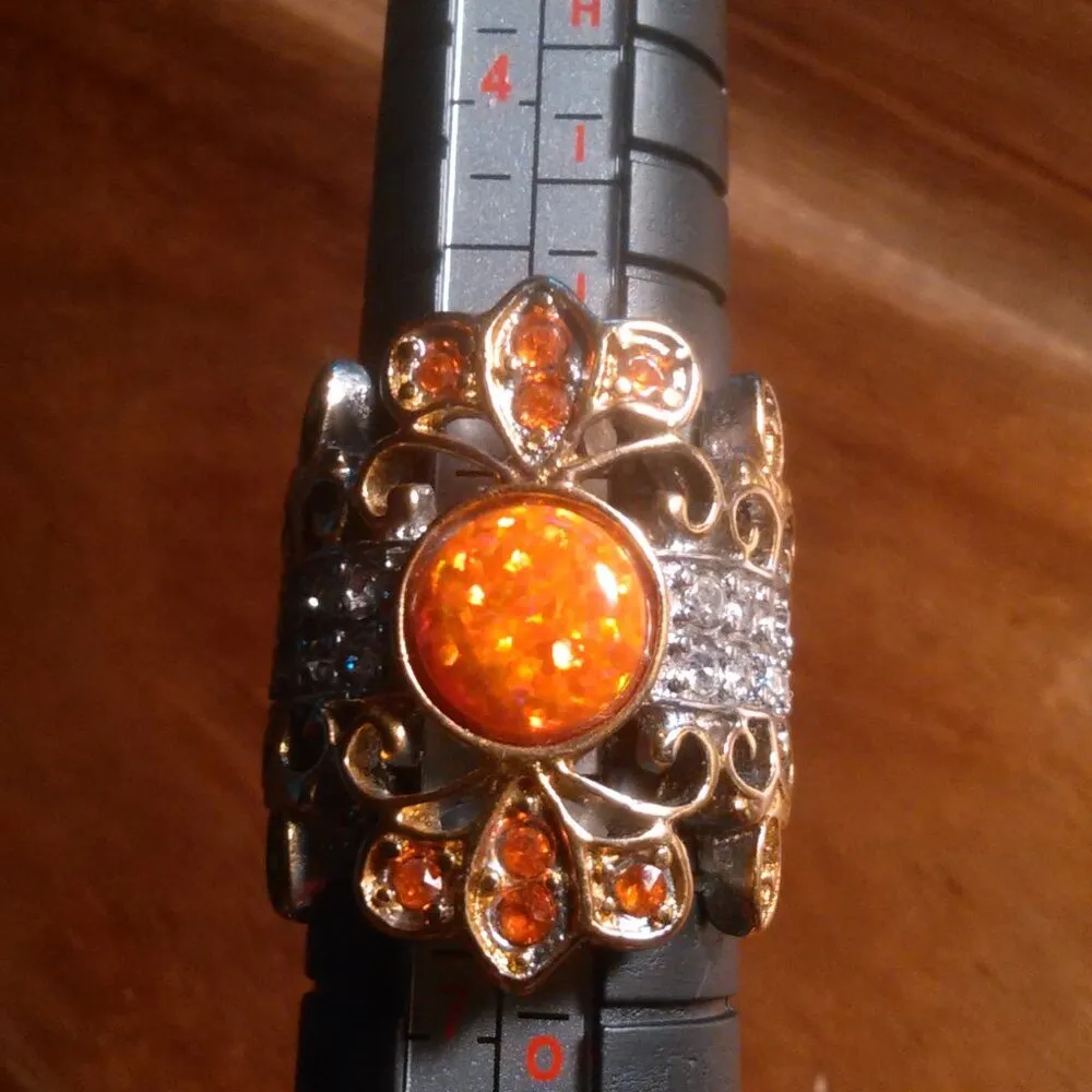 Simulated Opal and Orange and White Crystal Stainless Steel Ring (Size 6) - Image 3