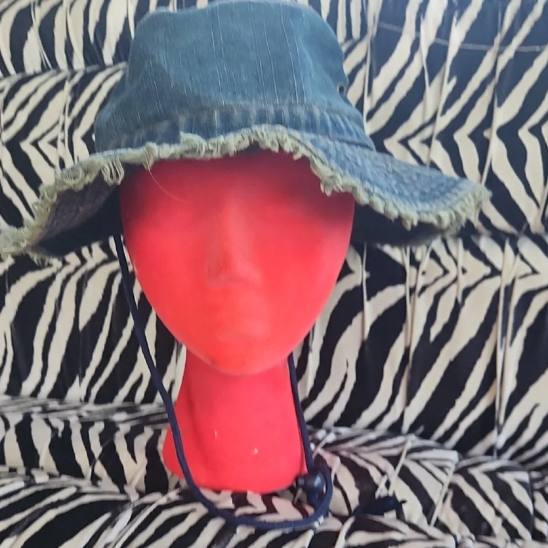 Vintage Frayed Denim Bucket Hat Blue - Image 3