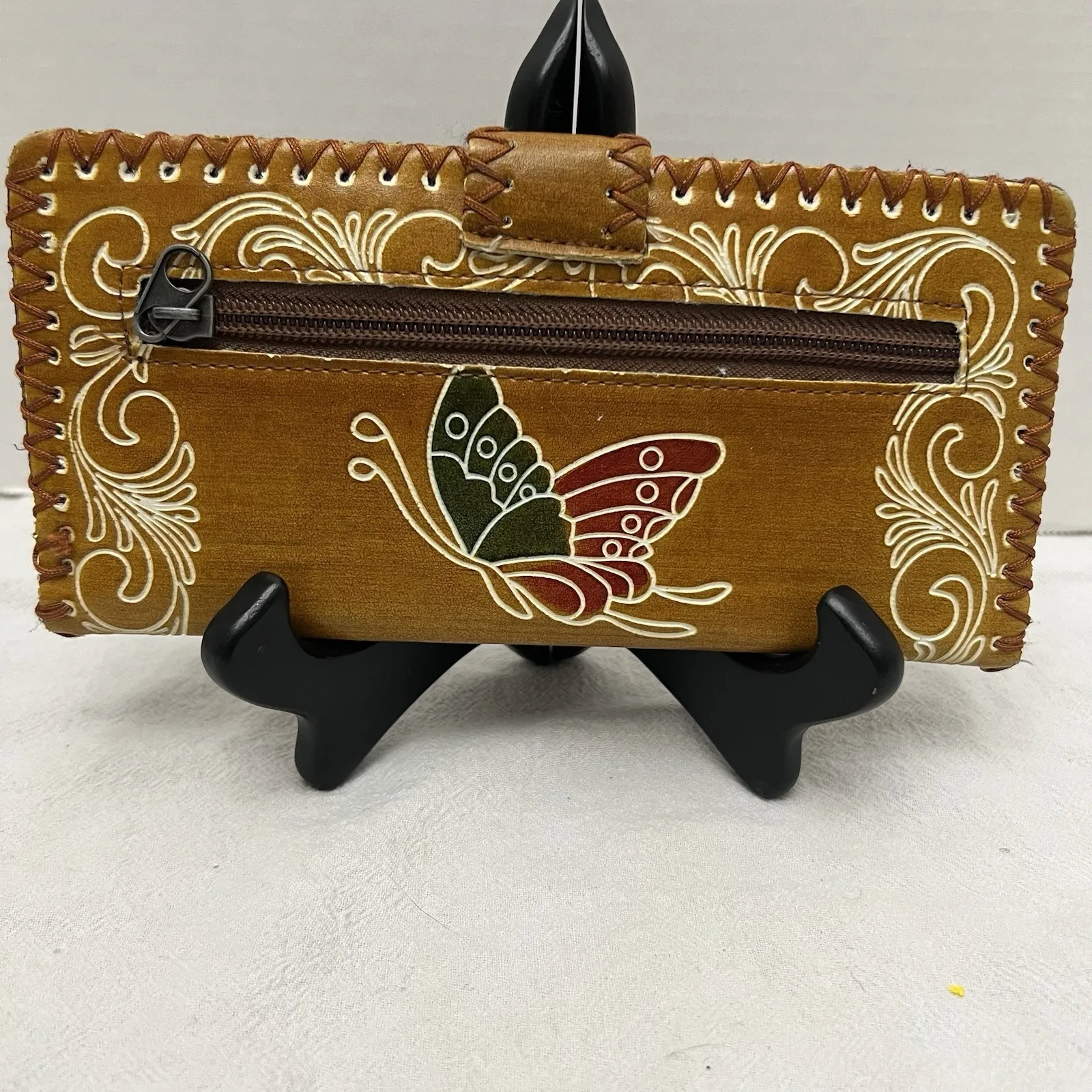 Boho Vintage Leather Wallet Butterfly Engraved Brown and Black Butterfly Etched - Image 2