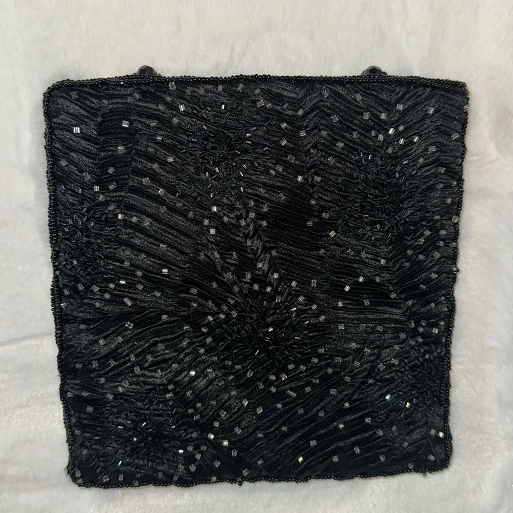 Franchi Vintage Black Pleated Satin Beaded Evening Bag Purse w Beaded Handles - Image 12