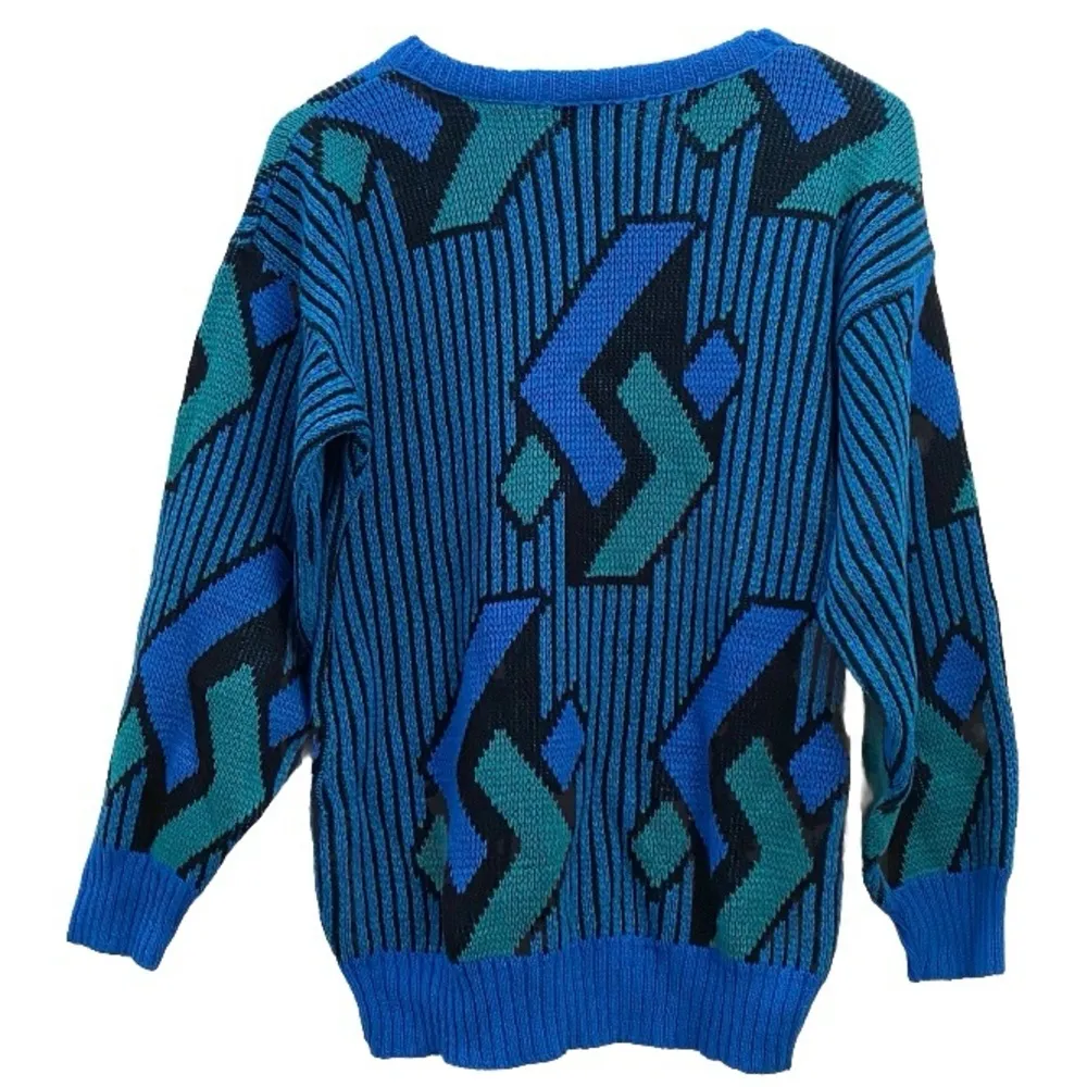 Vintage NEW ERA Blue Multi Geometric Knit Sweater Size S - Image 4