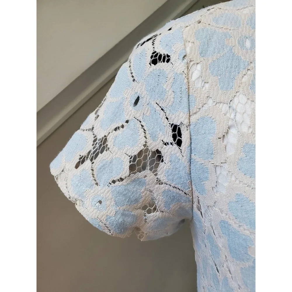 Dee Elle Blue Cream Lace Floral Short Sleeve Knee Length Shift Dress Size Small - Image 6