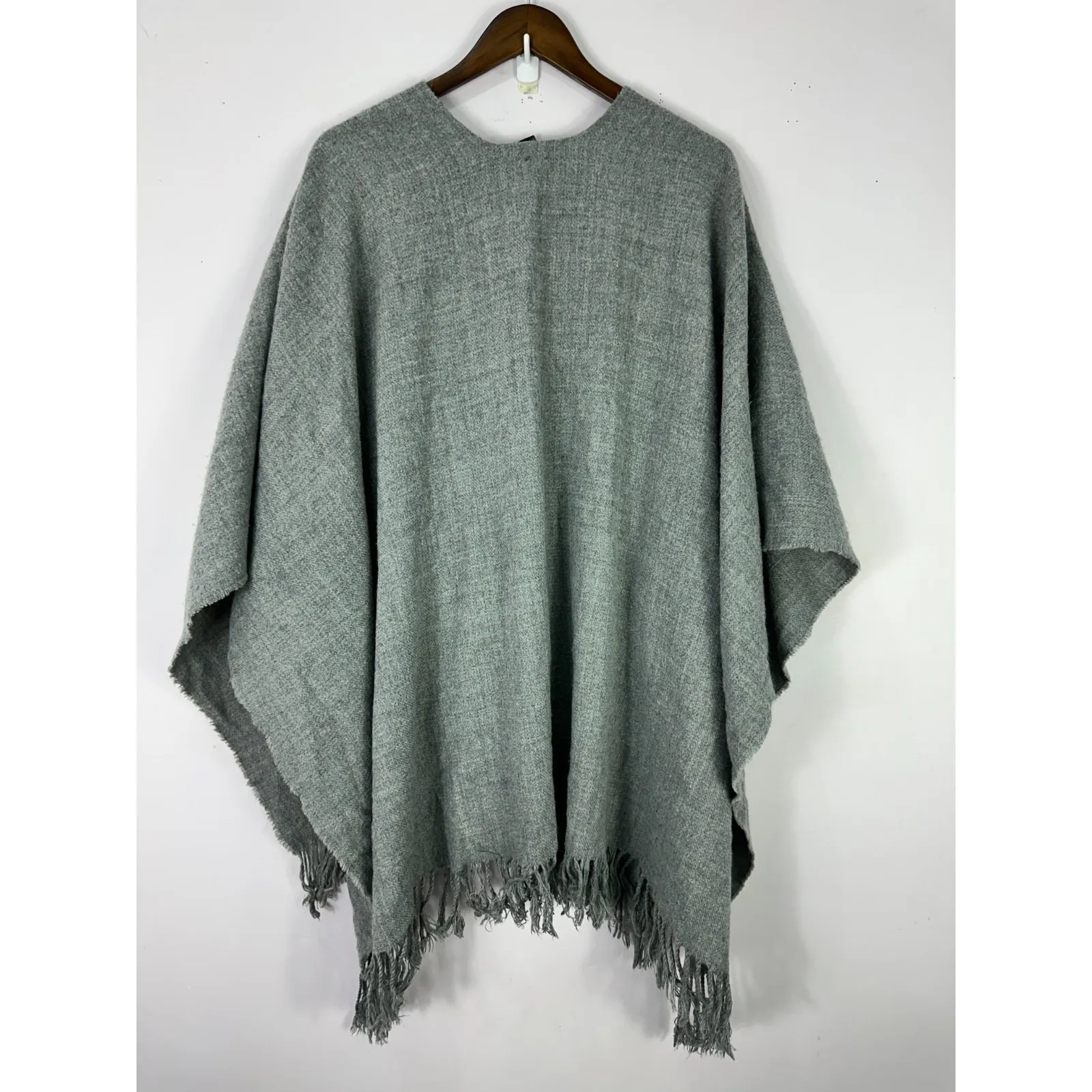 Fraas Gray Fringe Shawl Wrap Poncho Boho Minimalist Cozy Cottagecore Preppy Chic - Image 2