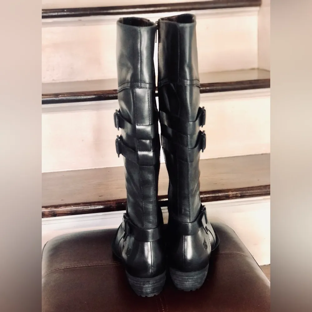 BORN Black Knee High Leather Moto Riding Boots w Straps Buckles NWOT SZ 8 - Image 16