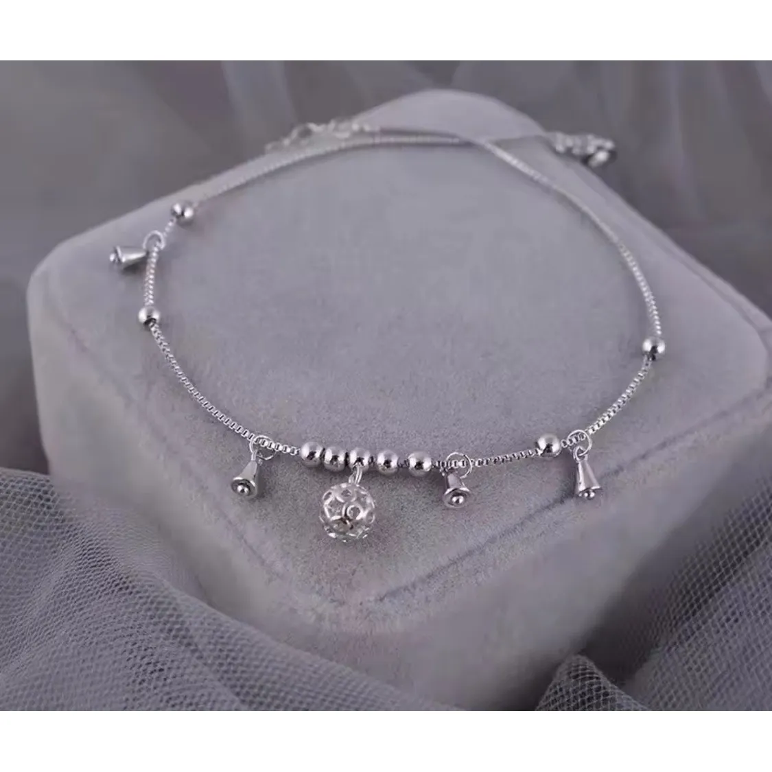 NEW 925 STERLING SILVER BELL ANKLE BRACELET, ADJUSTABLE, SILVER ANKLET - Image 13