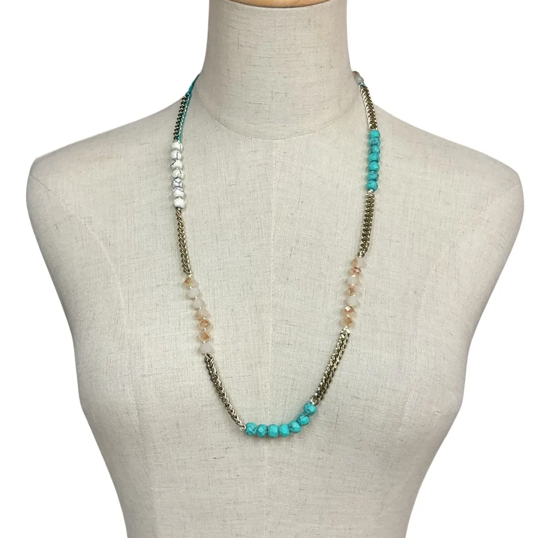 Chloe + Isabel Blue Turquoise Gold Tone Silk Cord Beaded Link Boho Necklace OZ - Image 1