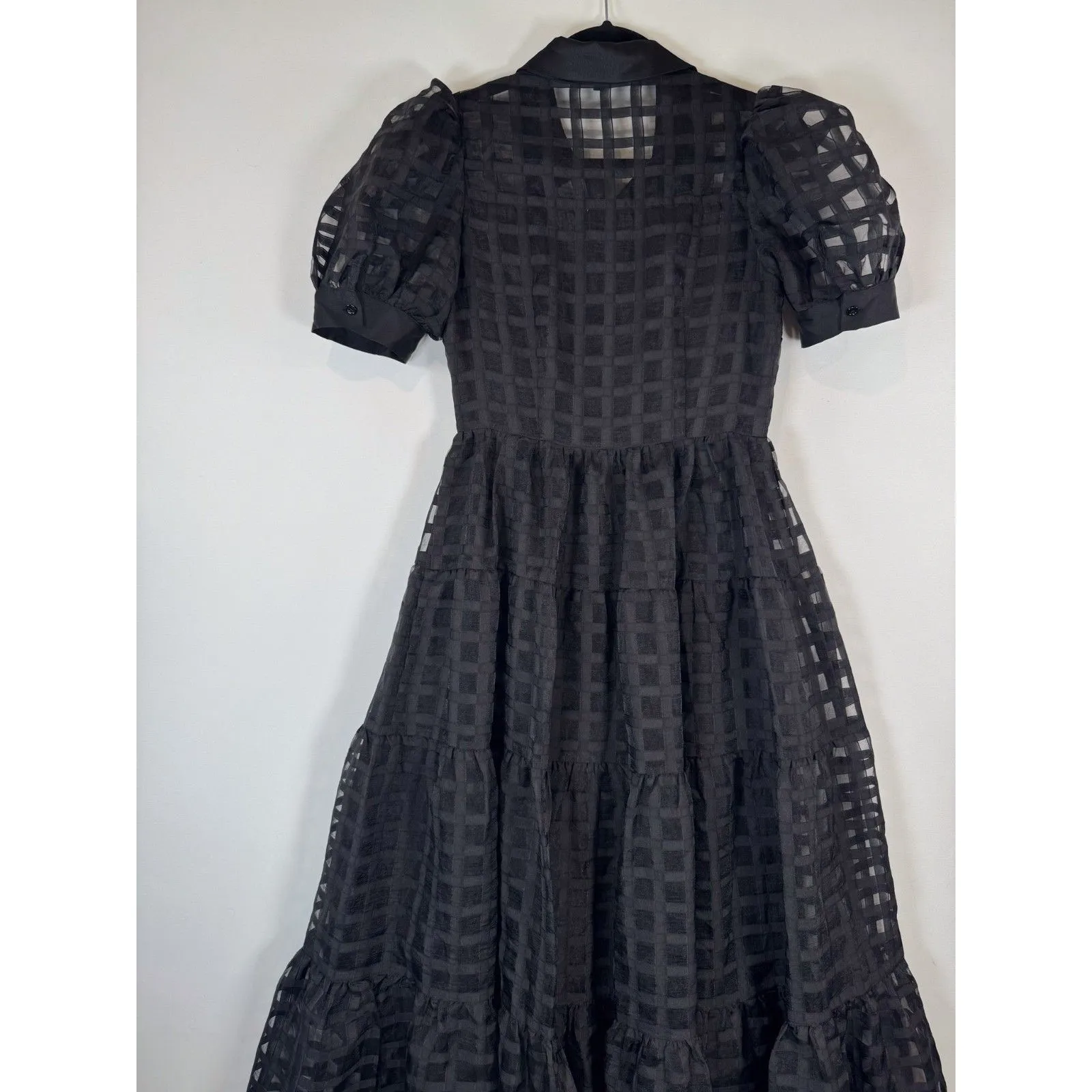 English Factory Dress Black Gridded Organza Tiered Maxi Puff Sleeve Fit Flare XS - Image 8