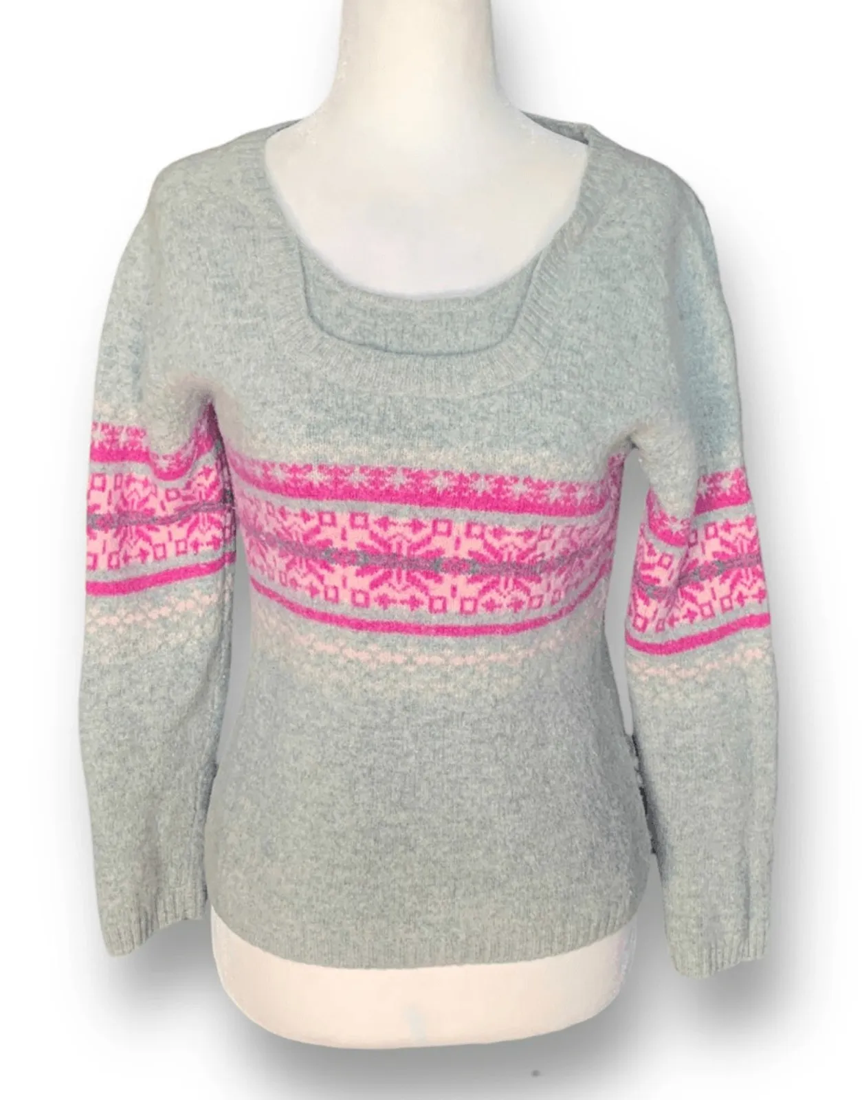 Outventure Sweater Gray Pink Fair Isle Snowflake Knit Crewneck Wool Blend Size 2 - Image 1
