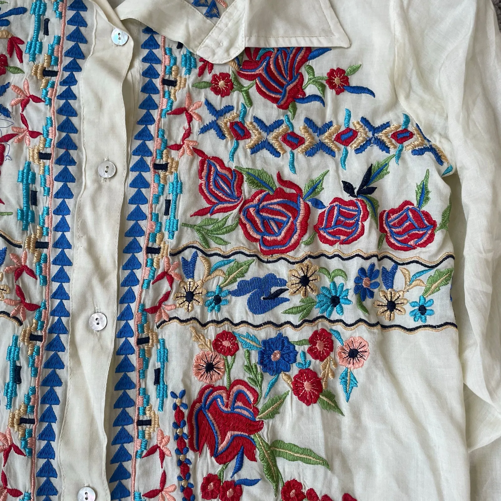 Scully Embroidered Long Sleeve Button Down Top Womens L Cream Size L - Image 13