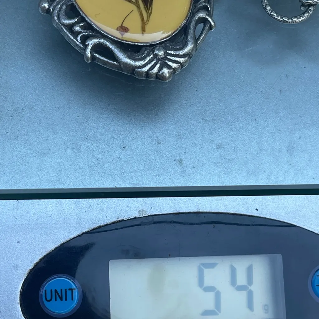 Yellow Floral Pendant Necklace silver tone tribal boho flower pressed - Image 8