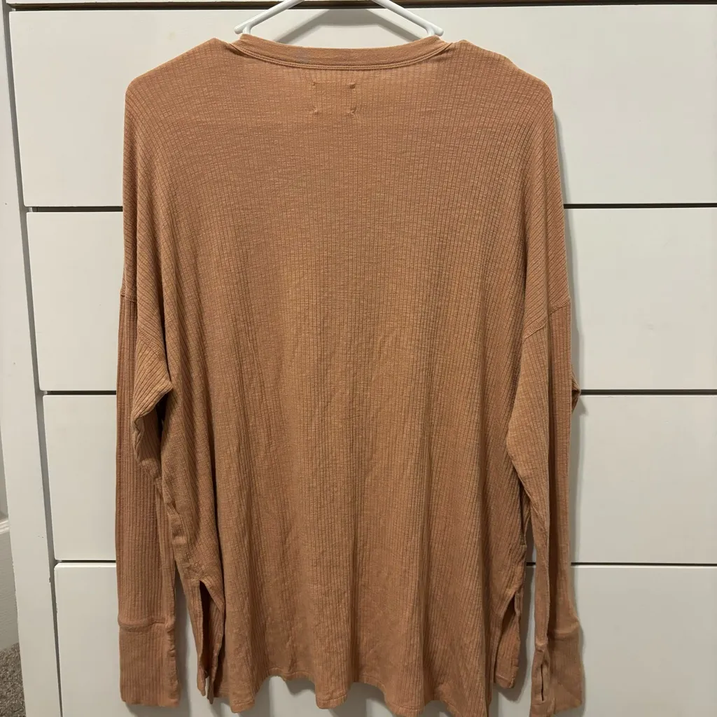 Aerie Offline Ribbed Thermal Oversized Comfy Snap Collar Tan - Image 2