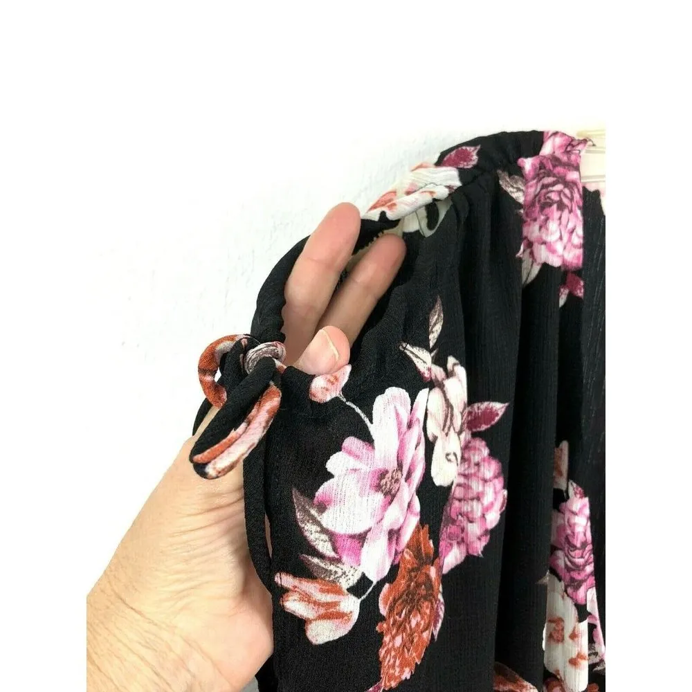 New Joe Benbasset Black Floral Jumpsuit Womens Large Short Slit Sleeve Romantic - Image 3