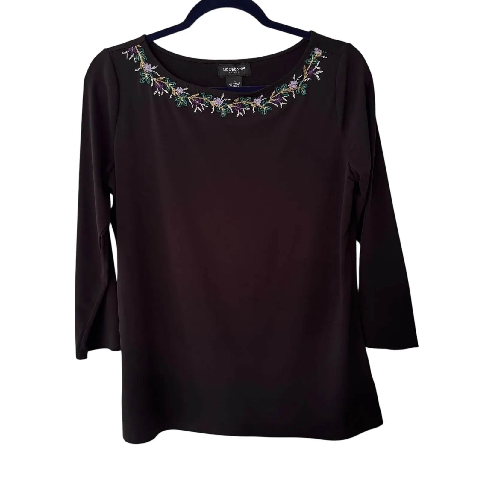 Liz Claiborne Career Black Embroidered Neckline 3/4 Sleeve Top Womens M - Image 8