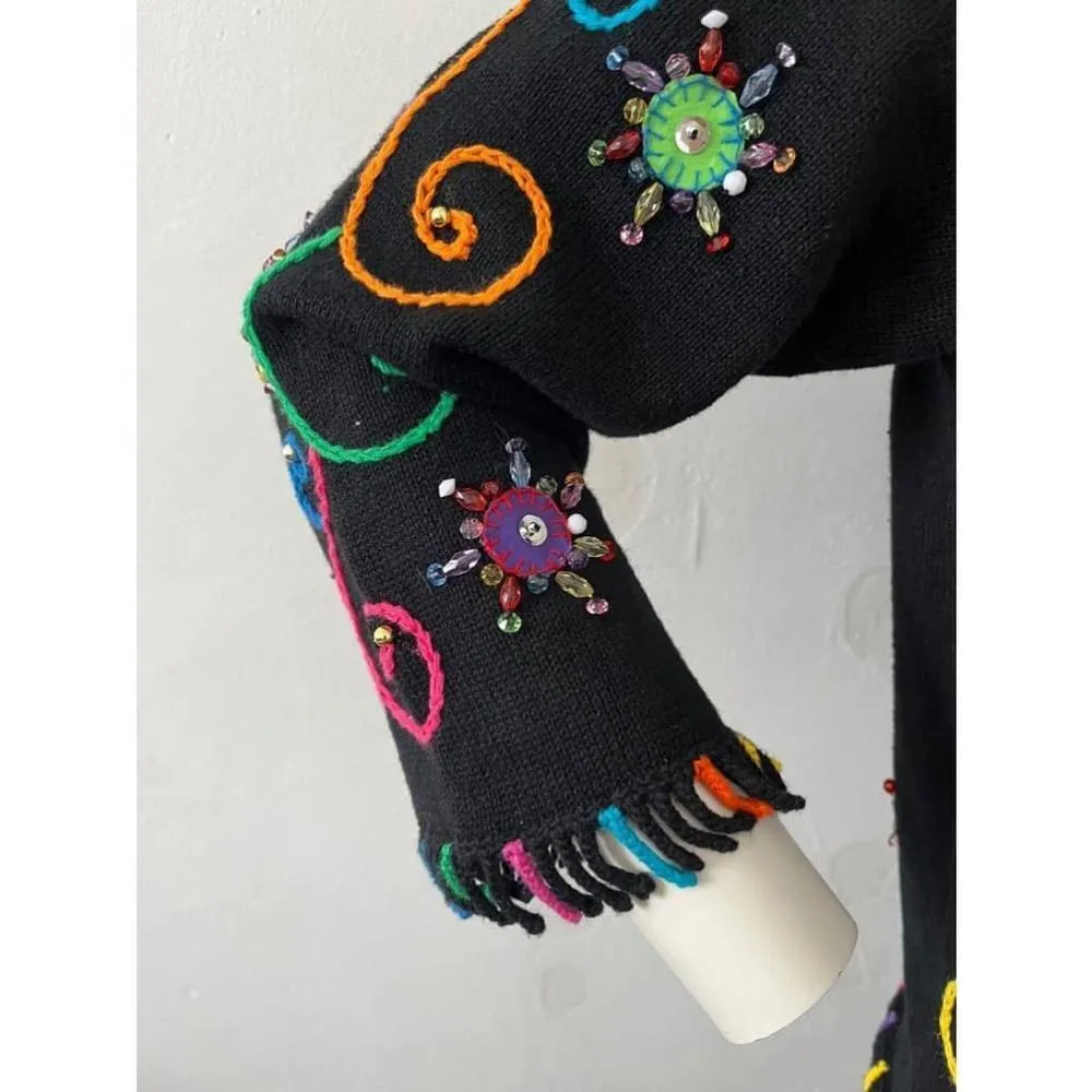 Jane's Closet Black Multicolor Beaded groovy Embroidered funky cardigan Small - Image 3